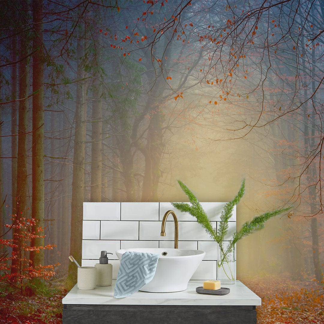 Enchanted Autumn Forest Mural Wallpaper with Sunlight Glow, bathroom setting, white tiles, vanity unit.