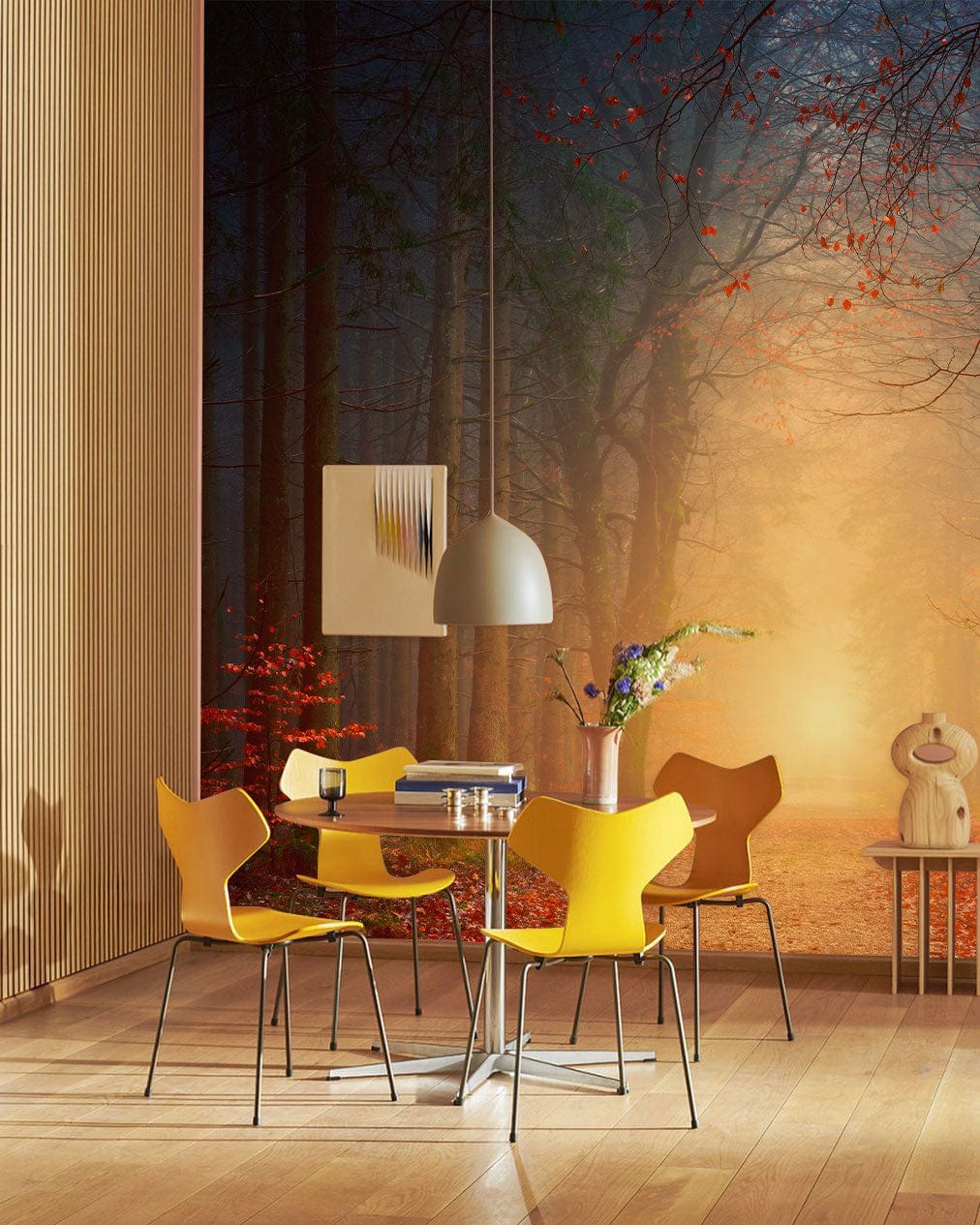 Yellow chairs with a round table against an Enchanted Autumn Forest Mural in a modern dining room.