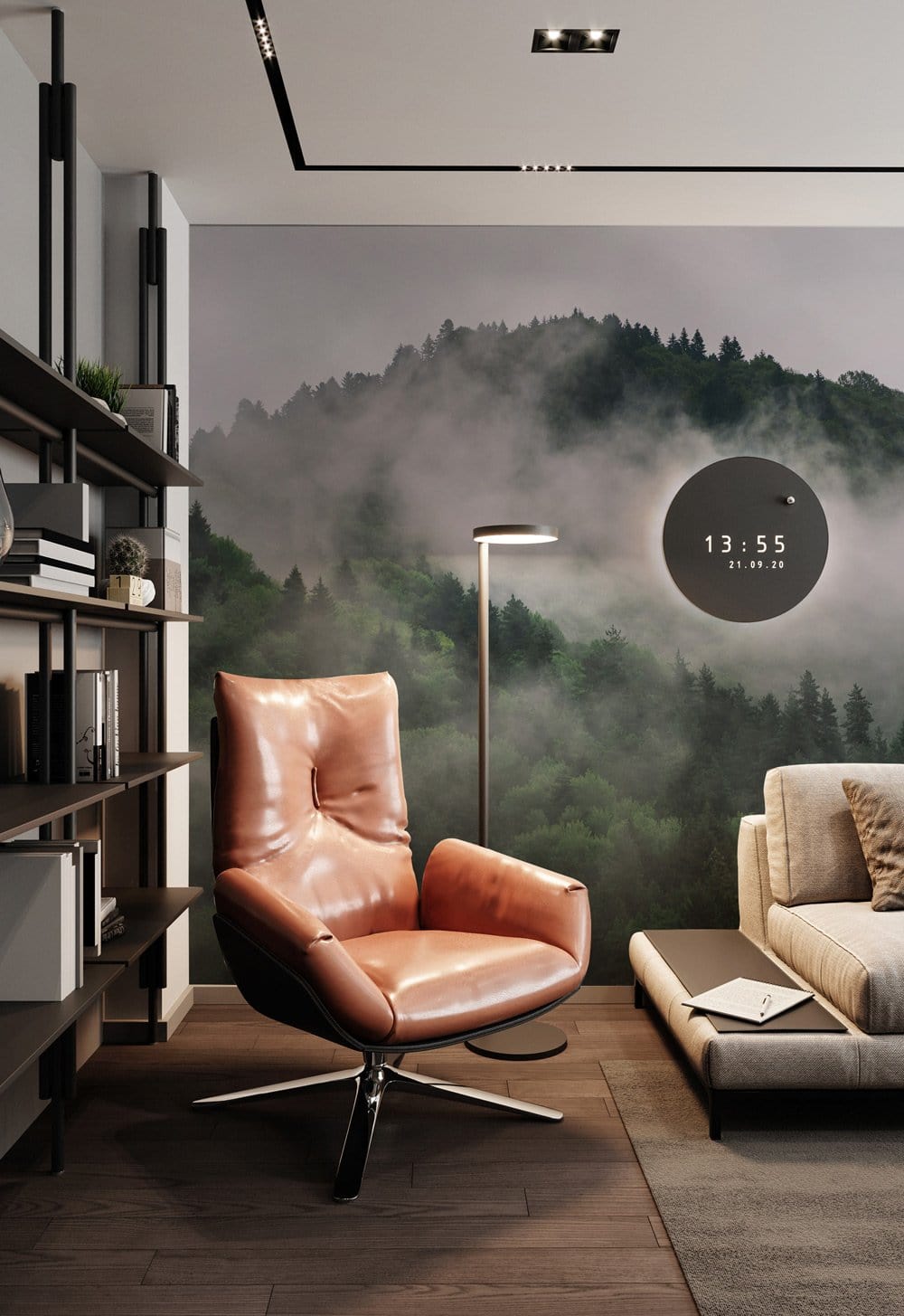 Enchanted Misty Forest wallpaper decor, brown chair, cosy sofa, stylish lamp, modern living room.