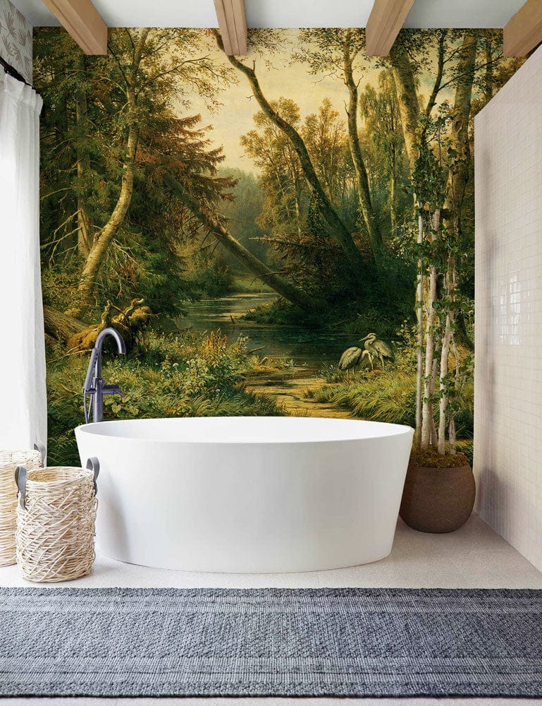 Serene Forest Mural Wallpaper in bathroom, neutral tones, freestanding tub, wooden beams, grey rug.