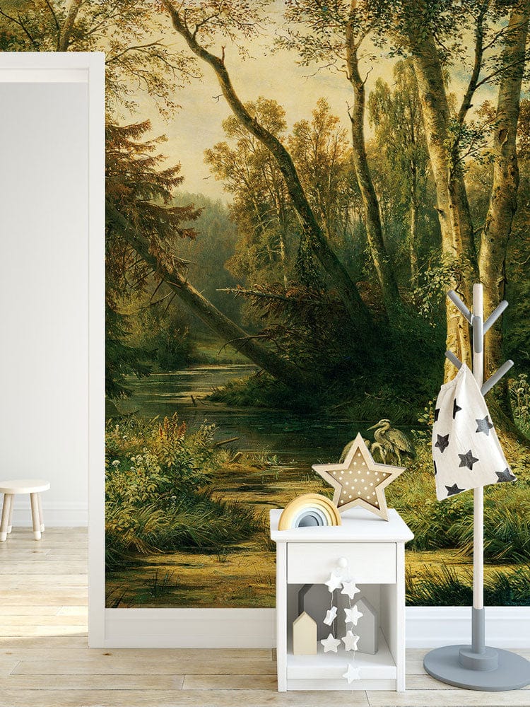 Serene Forest Landscape Mural Wallpaper with natural scenery complements a light wooden floor, modern decor theme.