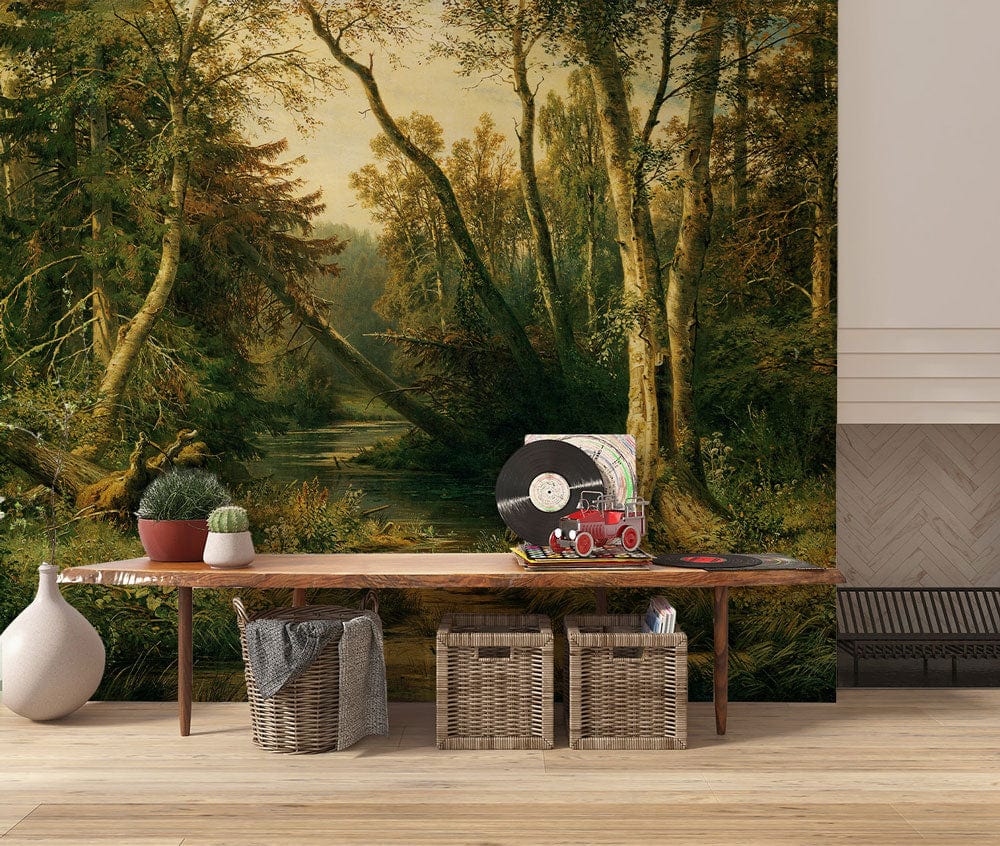 Serene Forest Landscape Mural in earthy greens, with wooden table, wicker baskets, and herringbone floor.