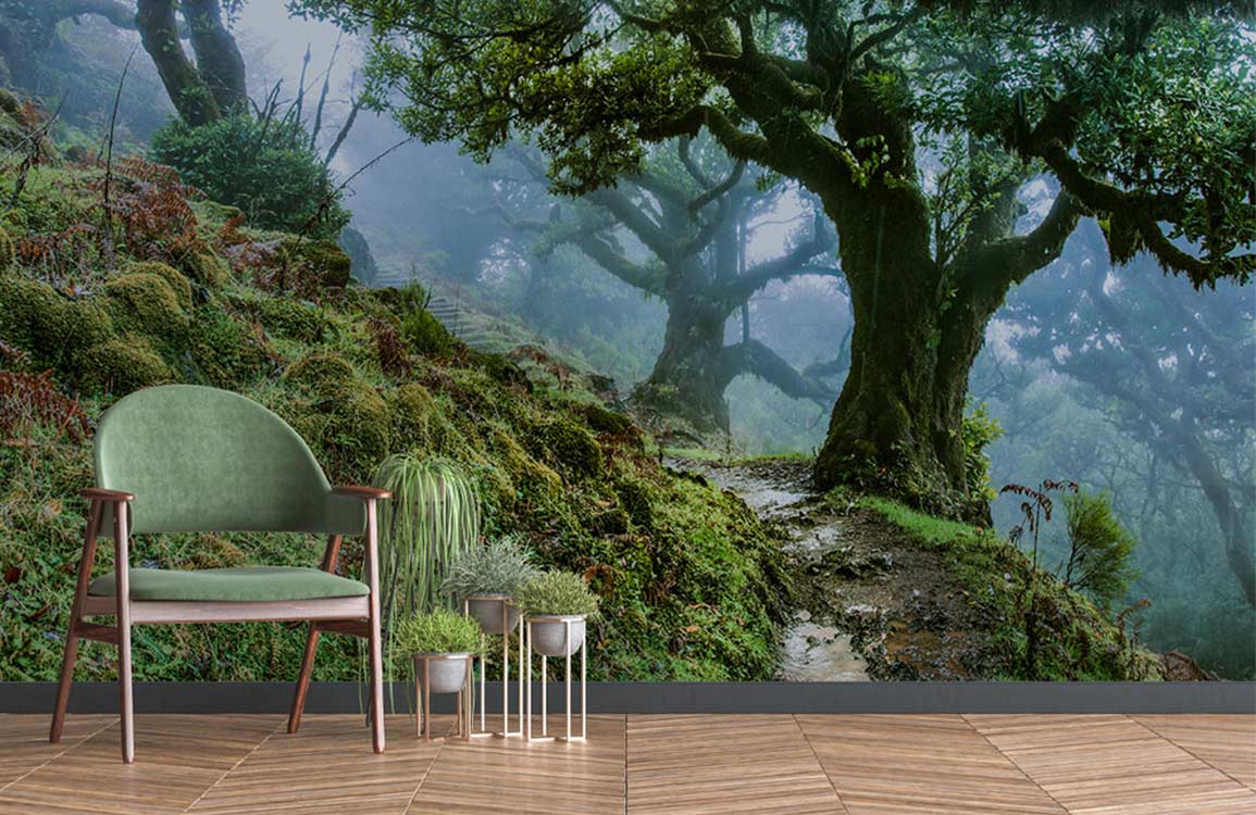 Mystical Forest Nature Mural Wallpaper with woodland path, green chair, wooden flooring in living room.