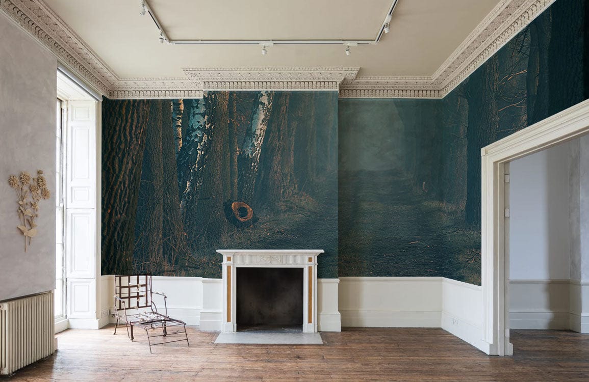 Misty Forest Path Wallpaper in moody green, classic white trim, wooden flooring, elegant living room setting.