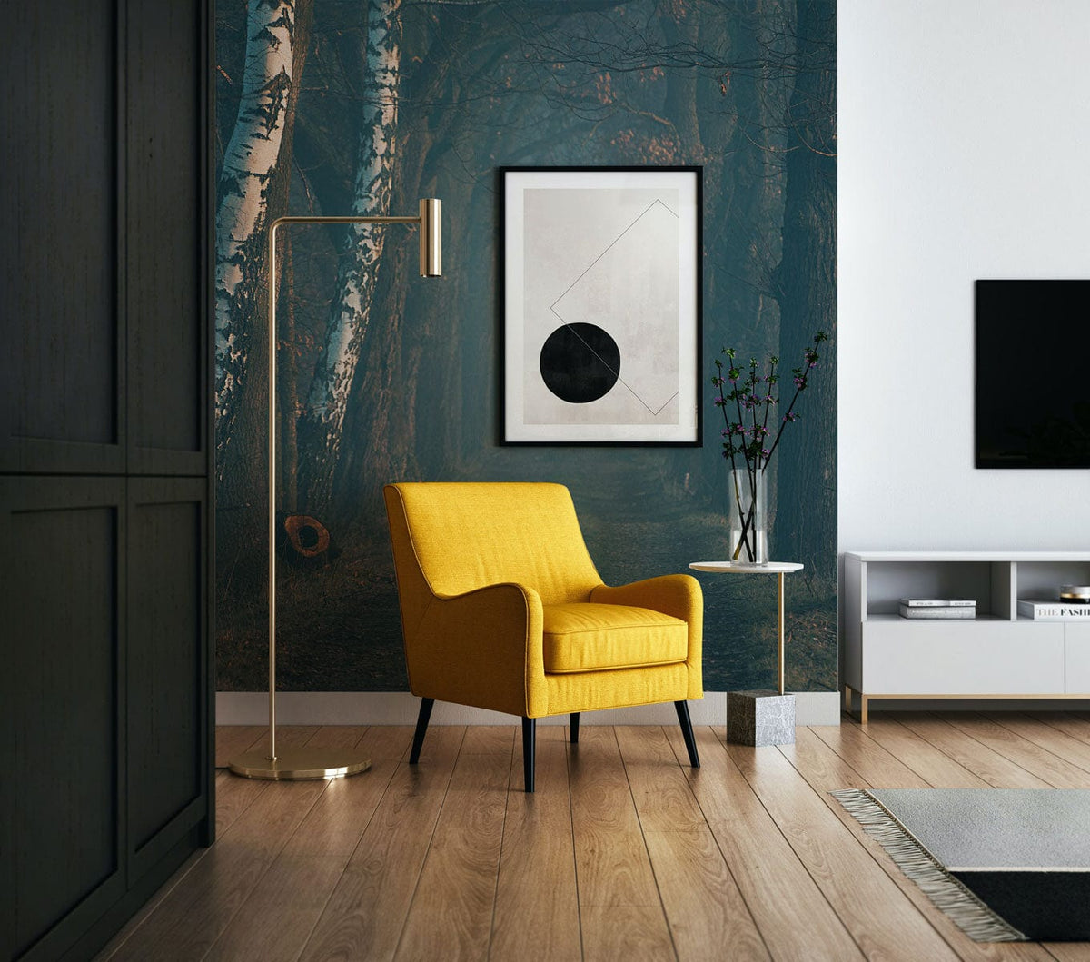 Misty Forest Path Mural wallpaper with yellow chair, wood flooring, minimalistic decor, and wall art.