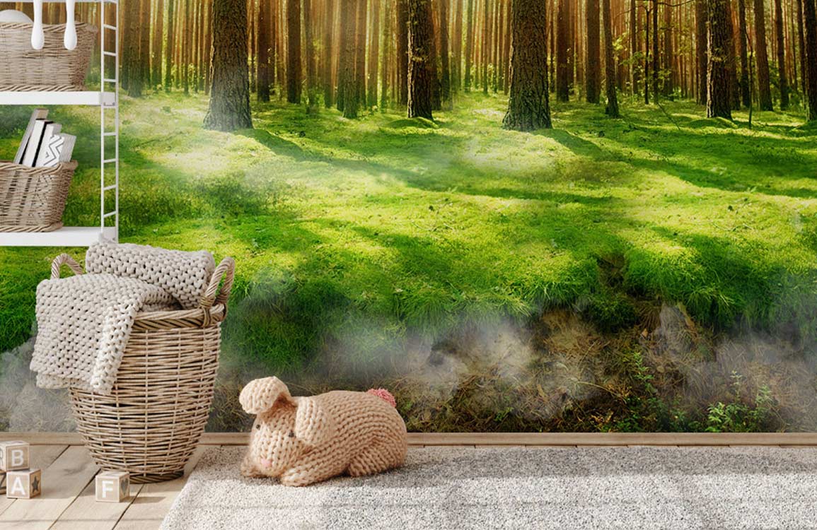 Sunlit Forest Mural Wallpaper in living room with basket, grey rug, hardwood flooring, playful decor.