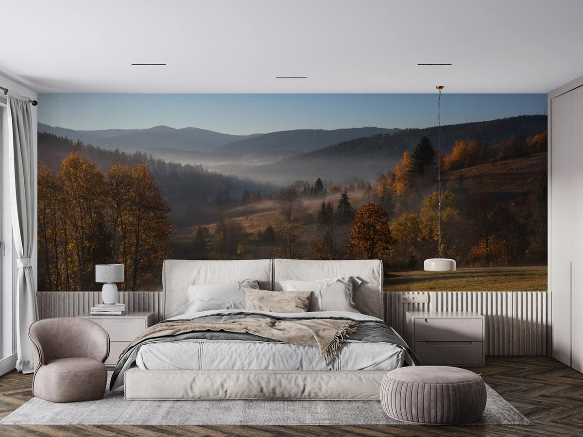 Autumn Misty Valley Landscape Mural Wallpaper in modern bedroom with beige bed, grey carpet, stylish decor.