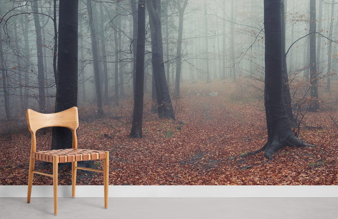 Misty Autumn Forest Mural Wallpaper, woodland scene with wooden chair, grey floor in minimalist setting.