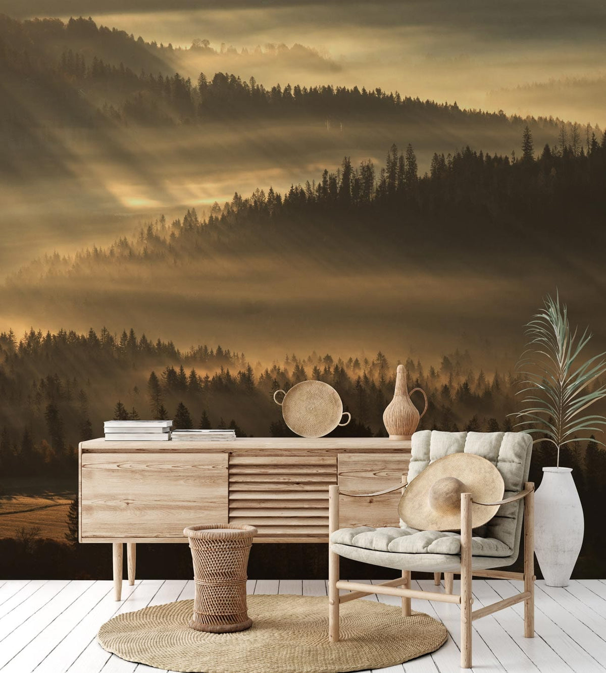 Serene Misty Forest Landscape Mural, warm earthy tones, wooden sideboard, woven rug, neutral armchair.