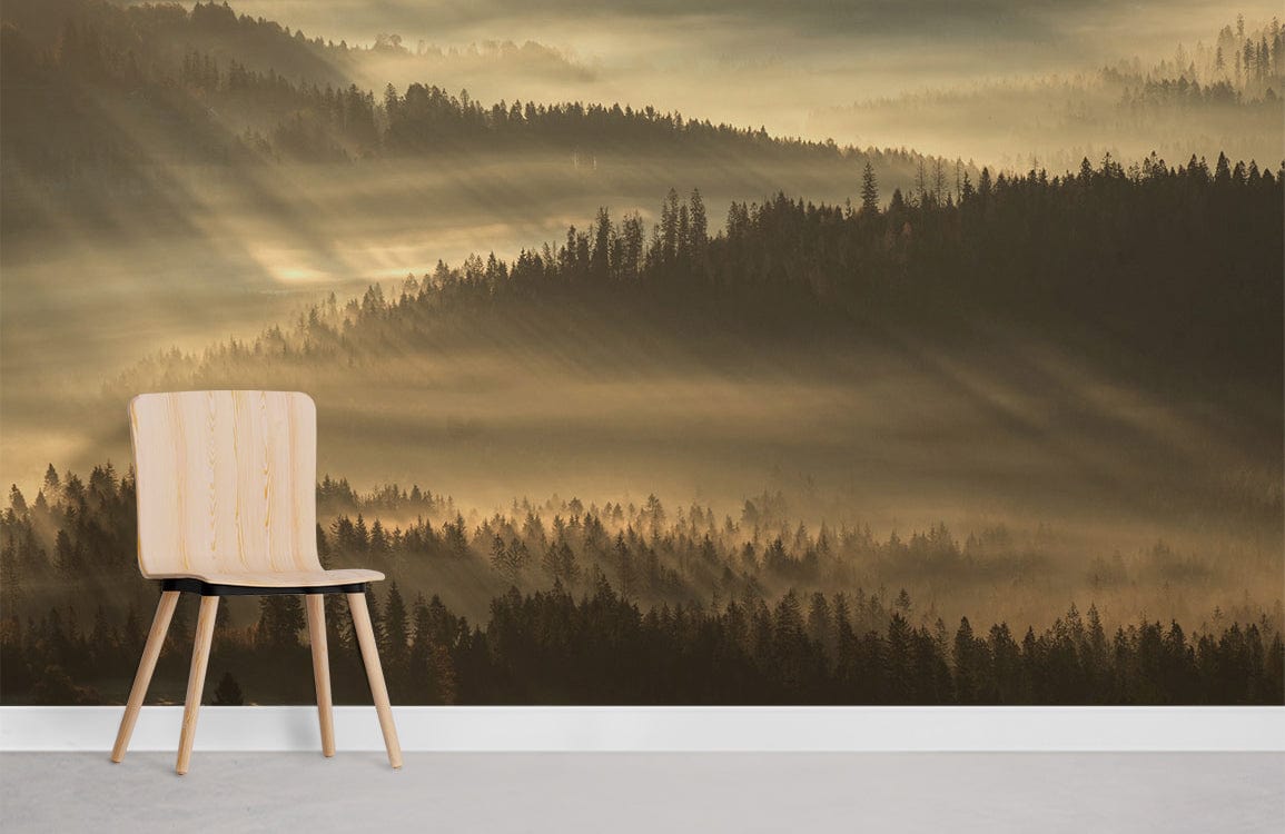 Serene Misty Forest Landscape Wallpaper in warm tones, featuring light wood chair on concrete flooring.