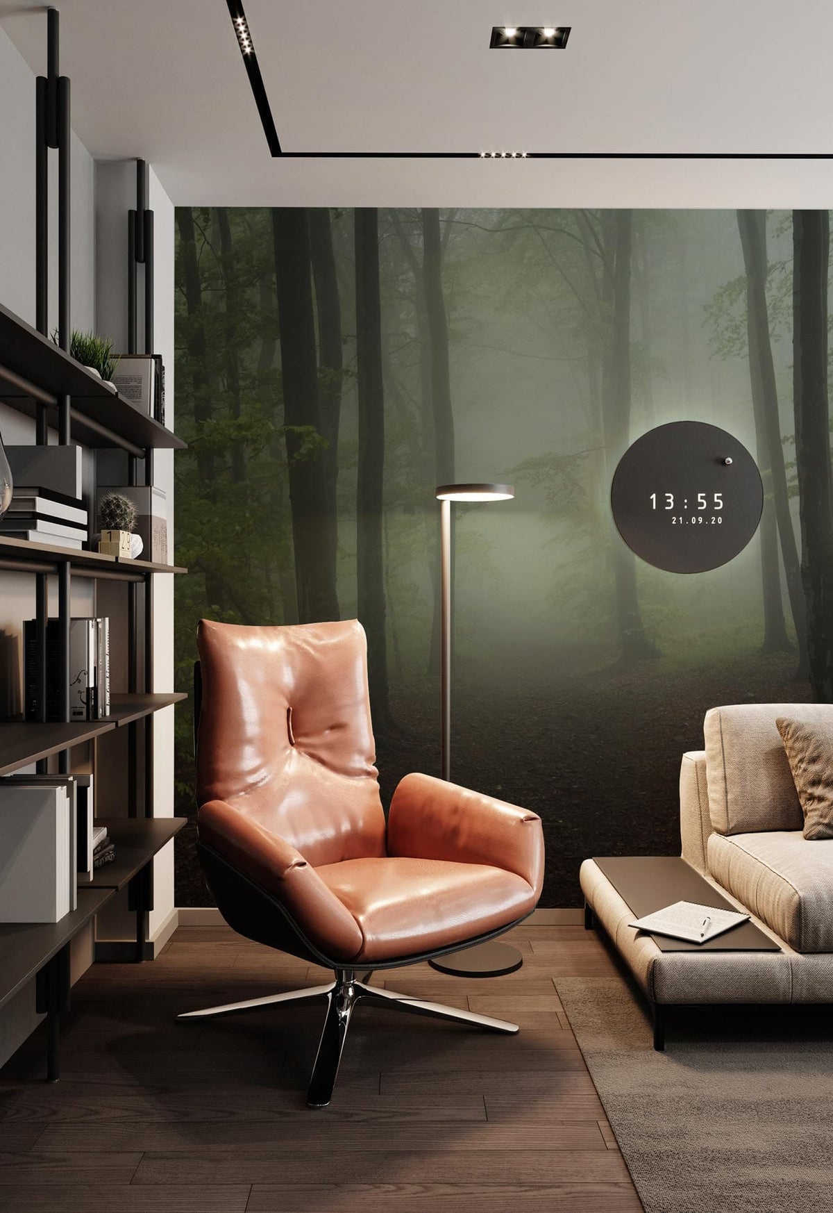 Enchanted Misty Forest Mural, leather chair, modern sofa, wooden flooring, sleek living room decor.