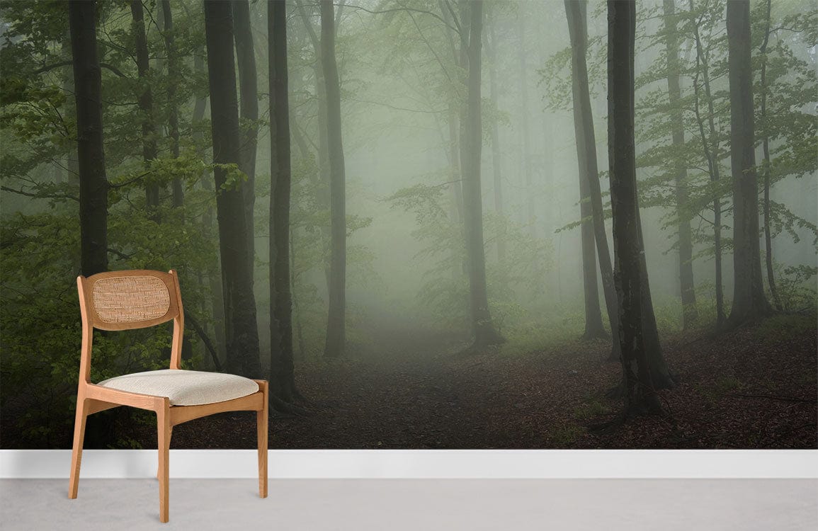 Modern chair with Enchanted Misty Forest Green Nature Mural Wallpaper, enhancing tranquil interior aesthetics.