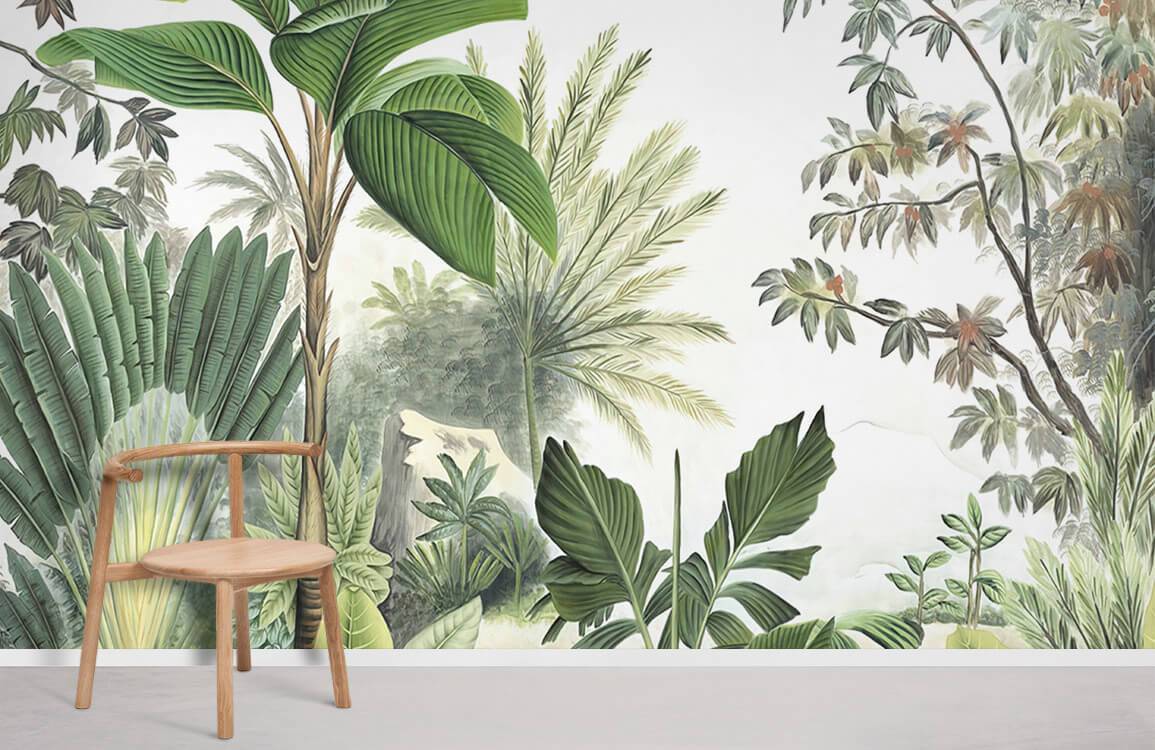 Exotic Green Jungle Botanical Mural Wallpaper in room with wooden chair and abstract leafy design.