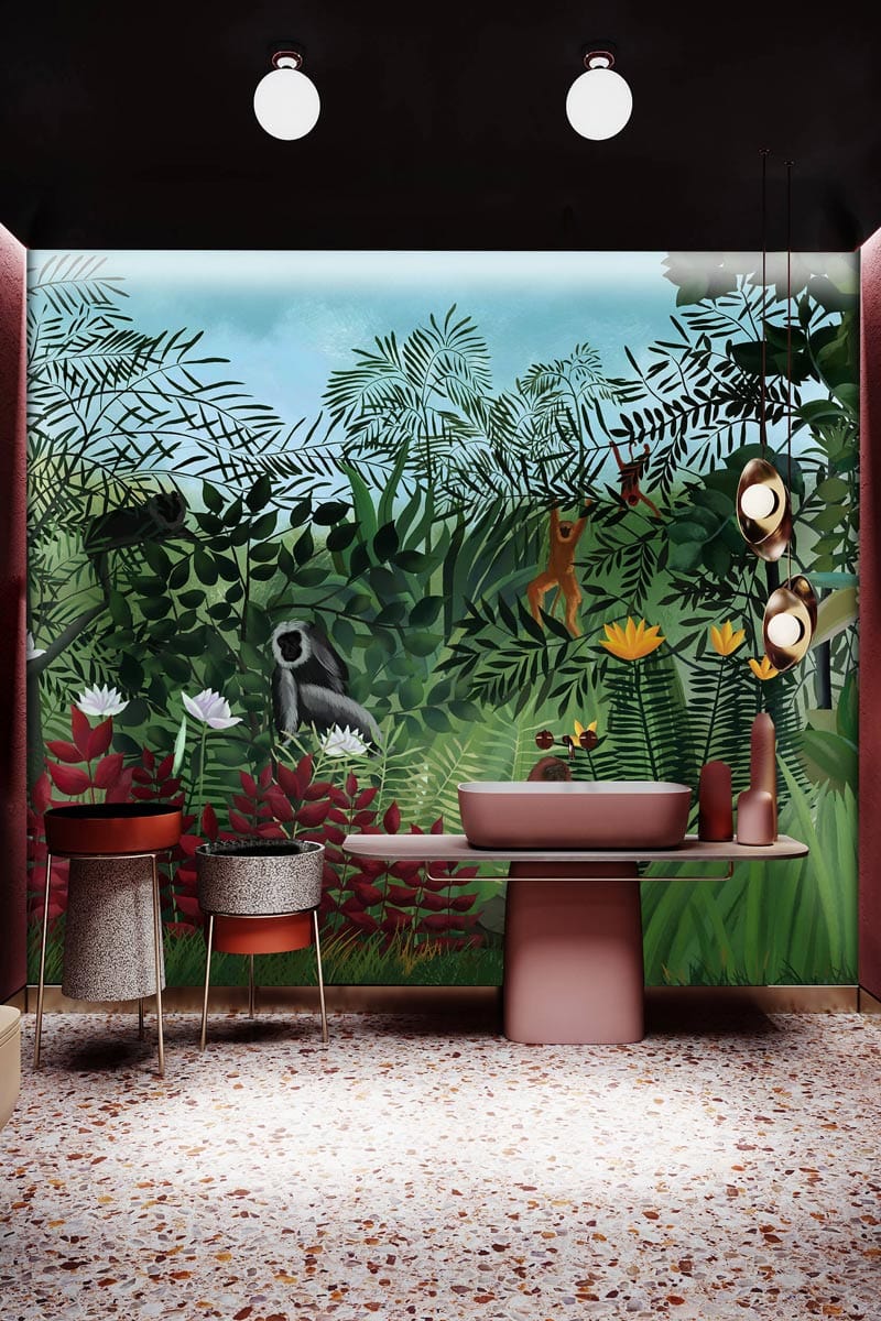 Wild Jungle Adventure Mural, pink basin, terrazzo floor, exotic fauna, stylish bathroom decor.