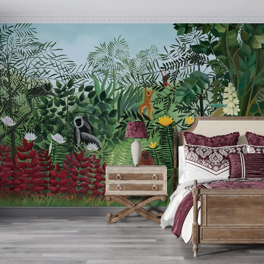 Wild Jungle Adventure Mural Wallpaper with lush greenery, exotic animals, wooden bed, grey flooring.