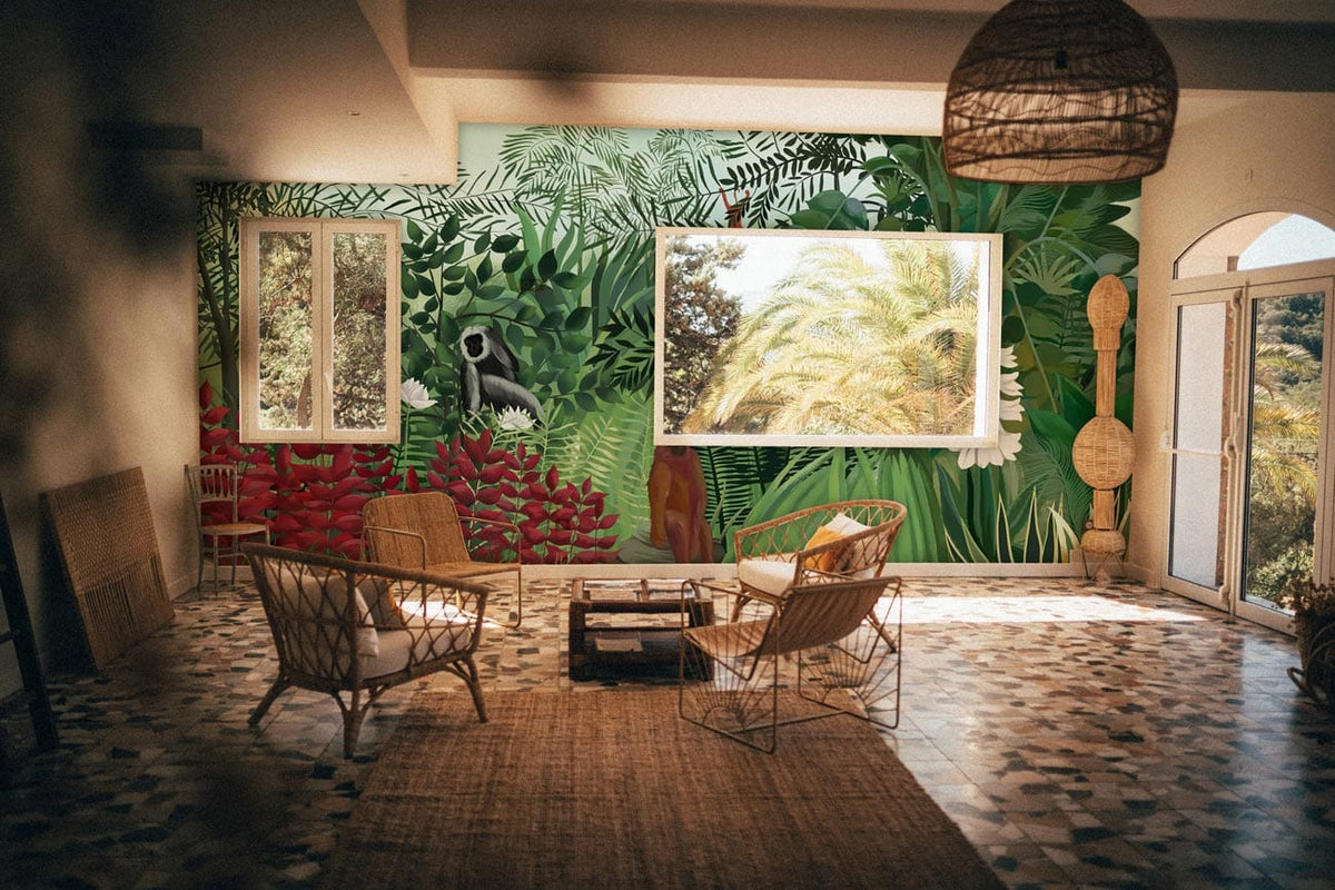 Wild Jungle Adventure Mural Wallpaper in vibrant living room, wicker furniture, patterned tile flooring.