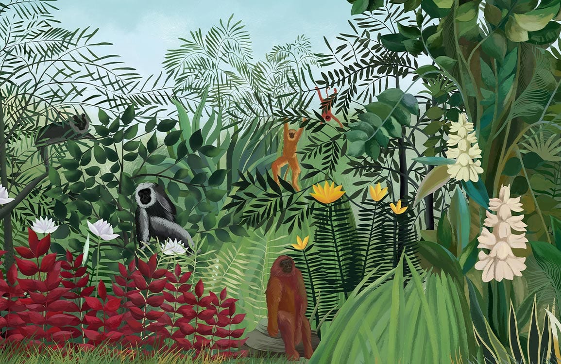 Wild Jungle Adventure Mural Wallpaper with Lush Greenery and Exotic Animals