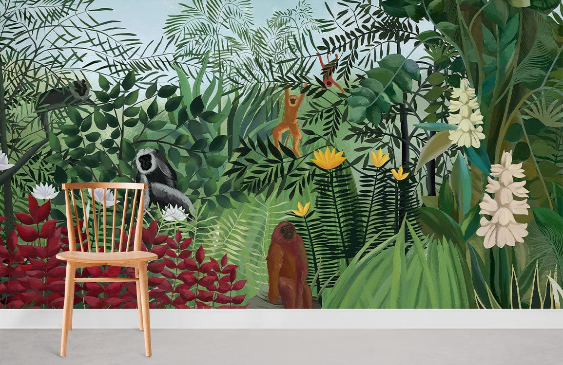 Wild Jungle Adventure Mural Wallpaper, lush greenery, exotic animals, wooden chair, grey flooring.