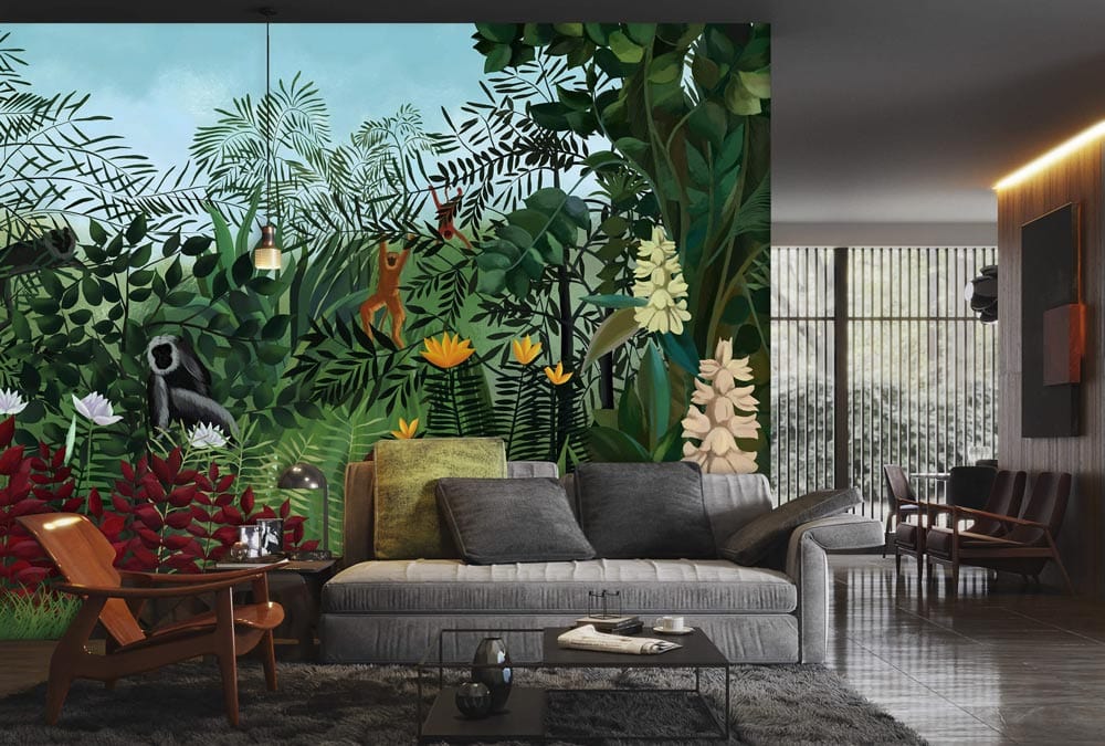 Wild Jungle Adventure Mural Wallpaper with exotic animals in a grey modern living room, wooden flooring.