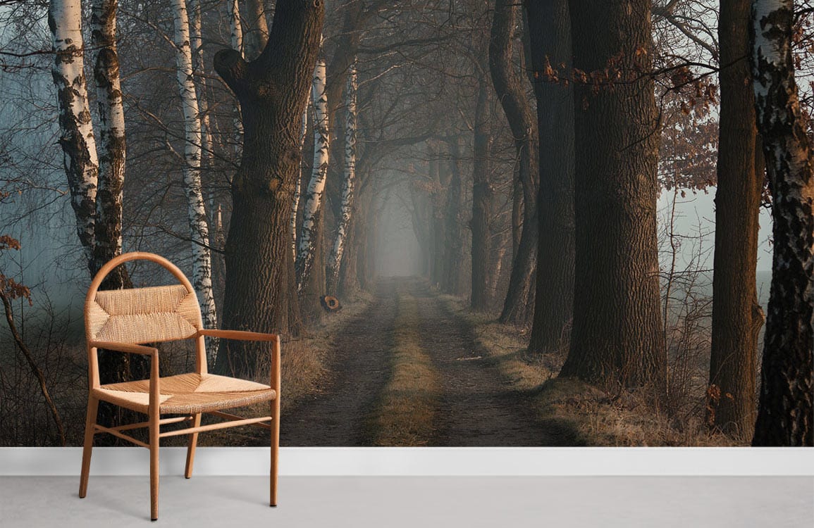 Enchanted Forest Path Mural Wallpaper, featuring mystical autumn woodland, wooden chair, grey flooring.