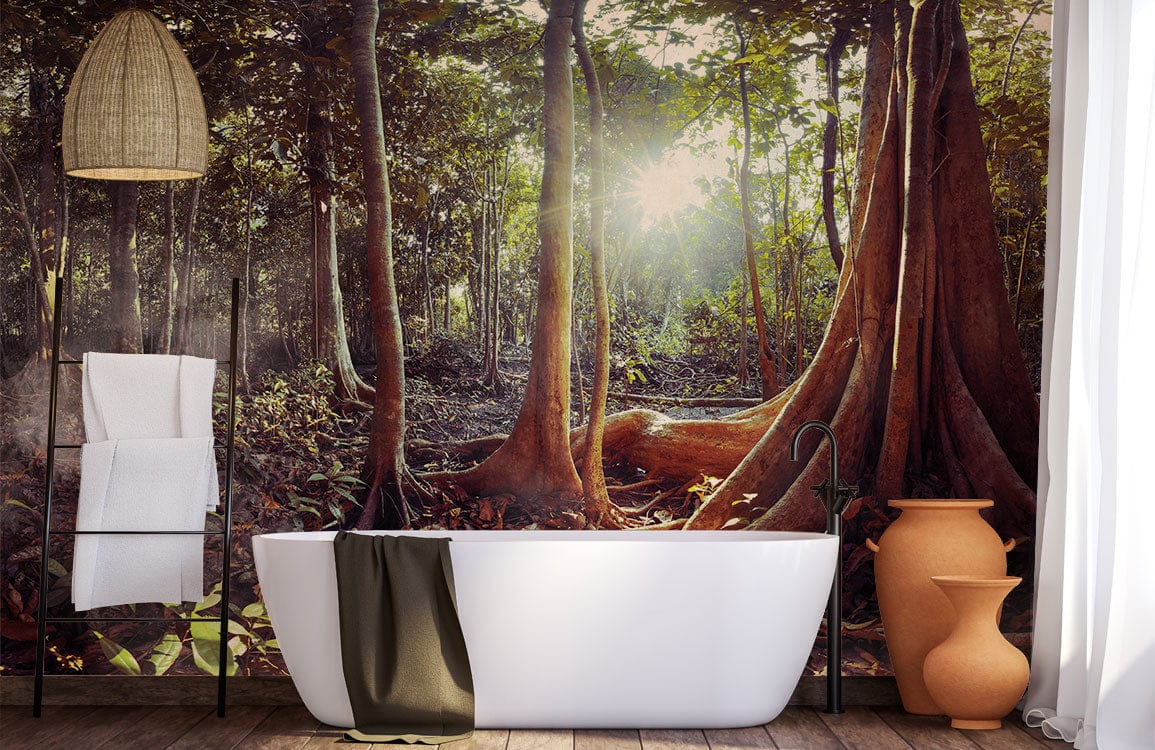 Enchanting forest mural wallpaper with freestanding bathtub, rustic wood flooring, wicker pendant lamp, terracotta vase.