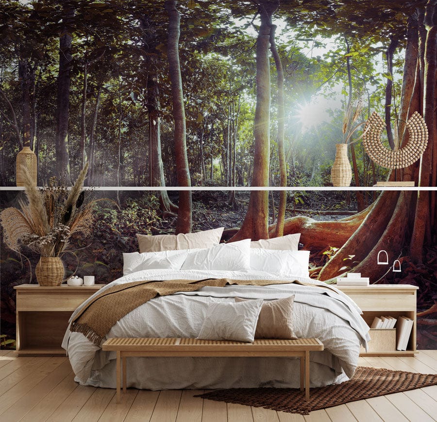 Bedroom featuring Enchanting Sunlit Forest Scene Mural Wallpaper, cosy bed, wooden flooring, earthy decor.