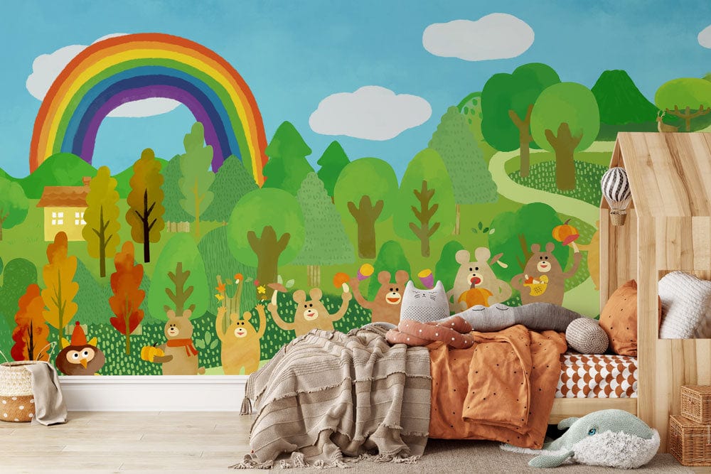 Children's room with Whimsical Animals and Rainbow Woodland Mural Wallpaper, wooden bed, and cosy blankets.