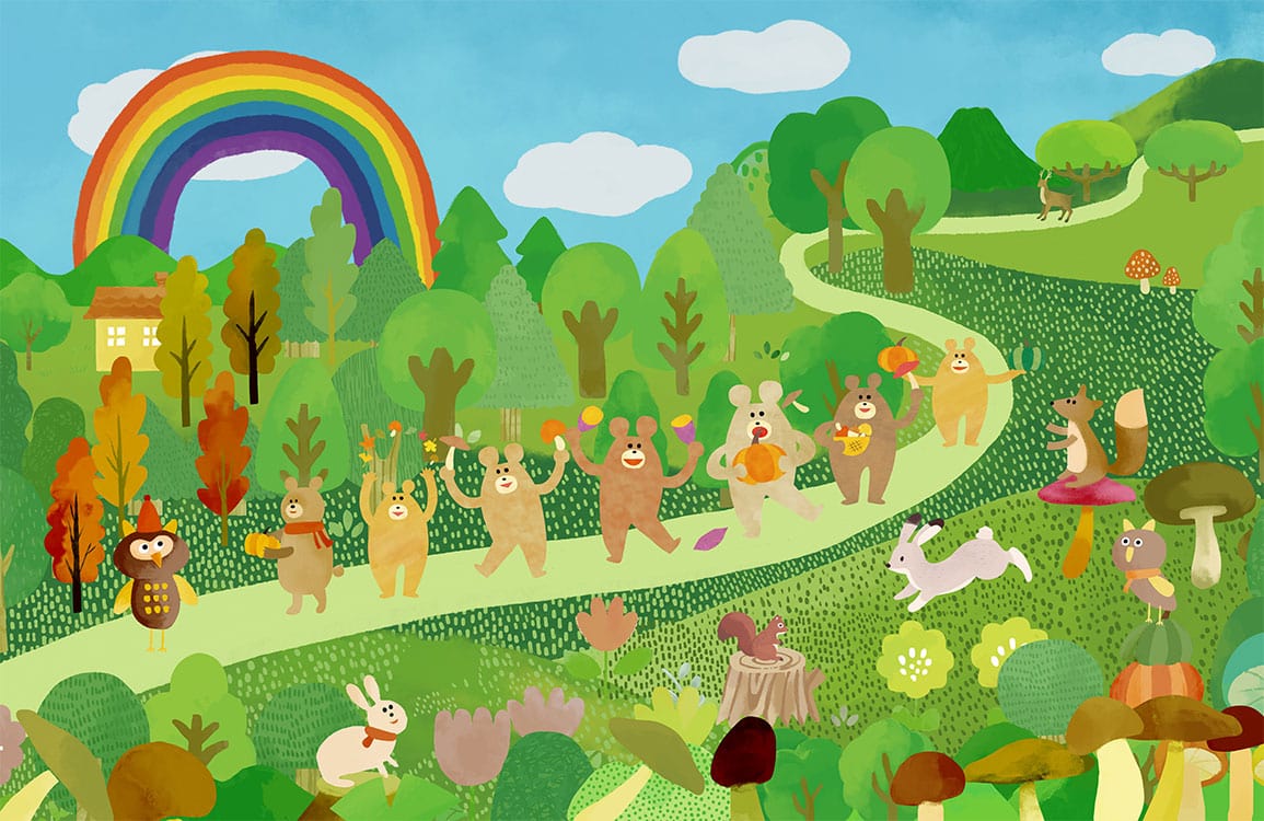 Whimsical Animals and Rainbow Woodland Path Kids Mural Wallpaper Delight
