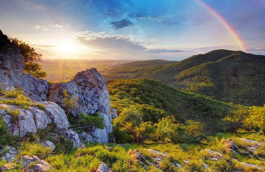 Serene Sunset and Rainbow Mountain View Mural Wallpaper - Nature Landscape Design