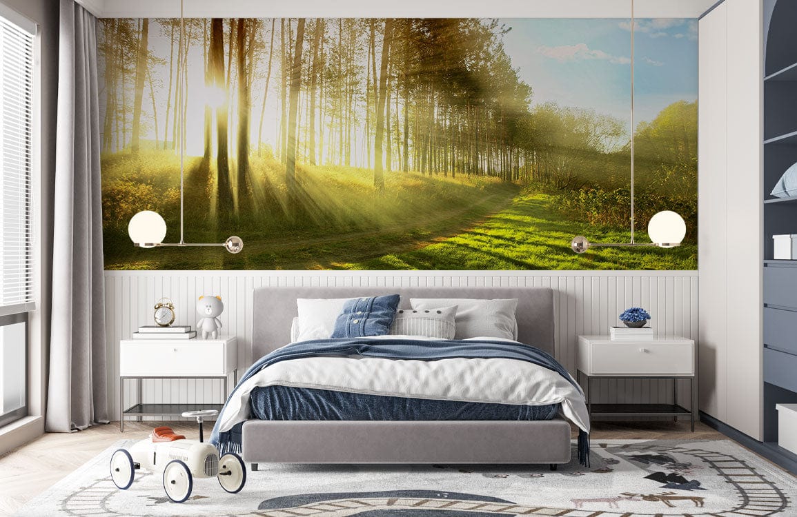 Bedroom featuring Tranquil Sunlit Forest Path Mural, grey upholstered bed, modern rug, and side tables.