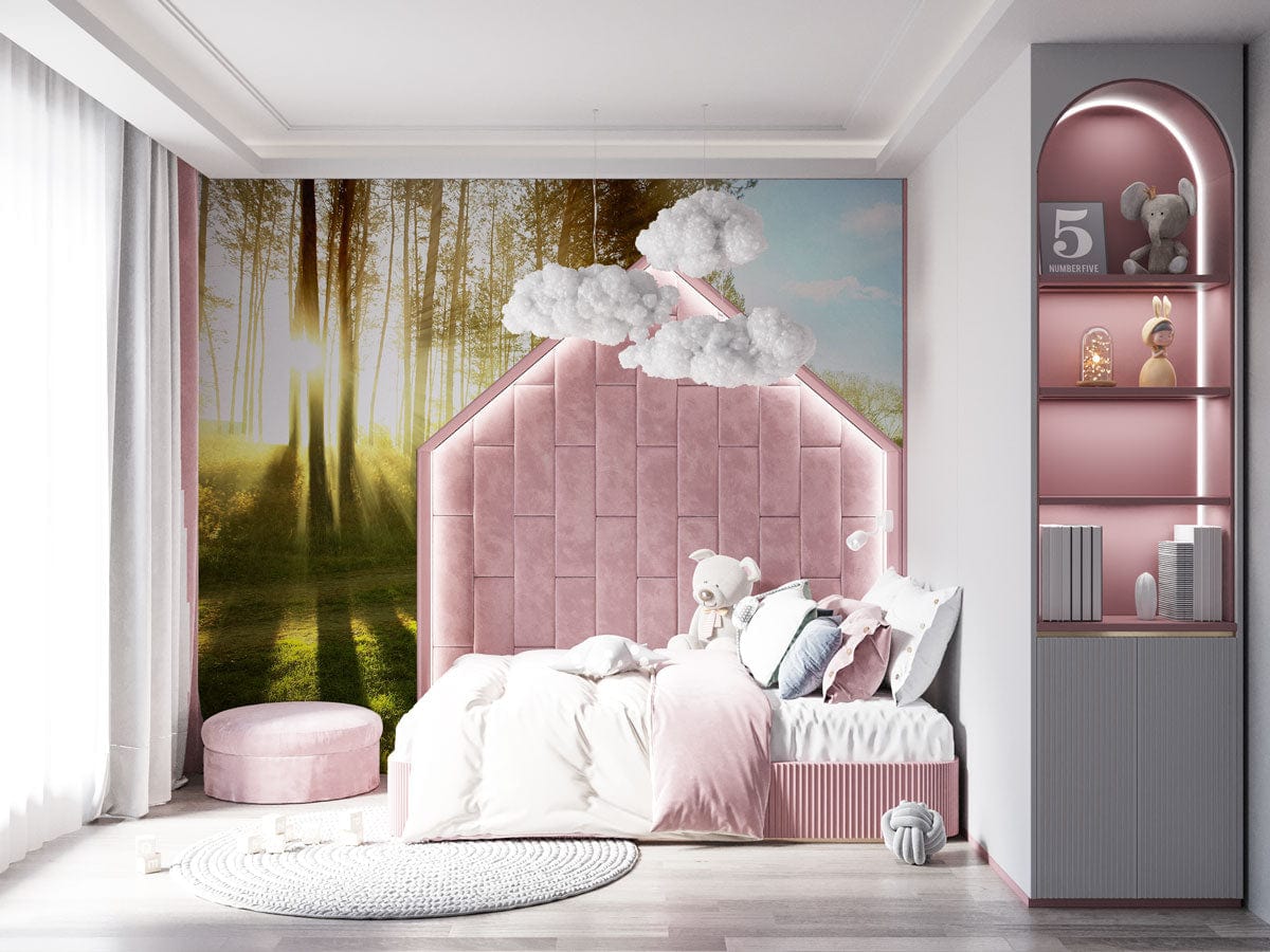 Tranquil Sunlit Forest Path Mural in girl's bedroom, pink bed, soft pink tones, modern decor.
