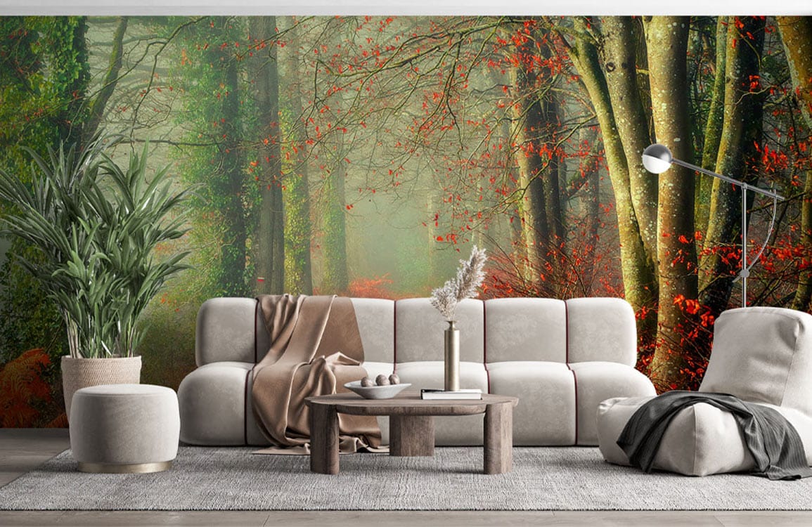 Autumn woodland path mural wallpaper in misty tones, featuring modern beige sofa, grey flooring, lamp.