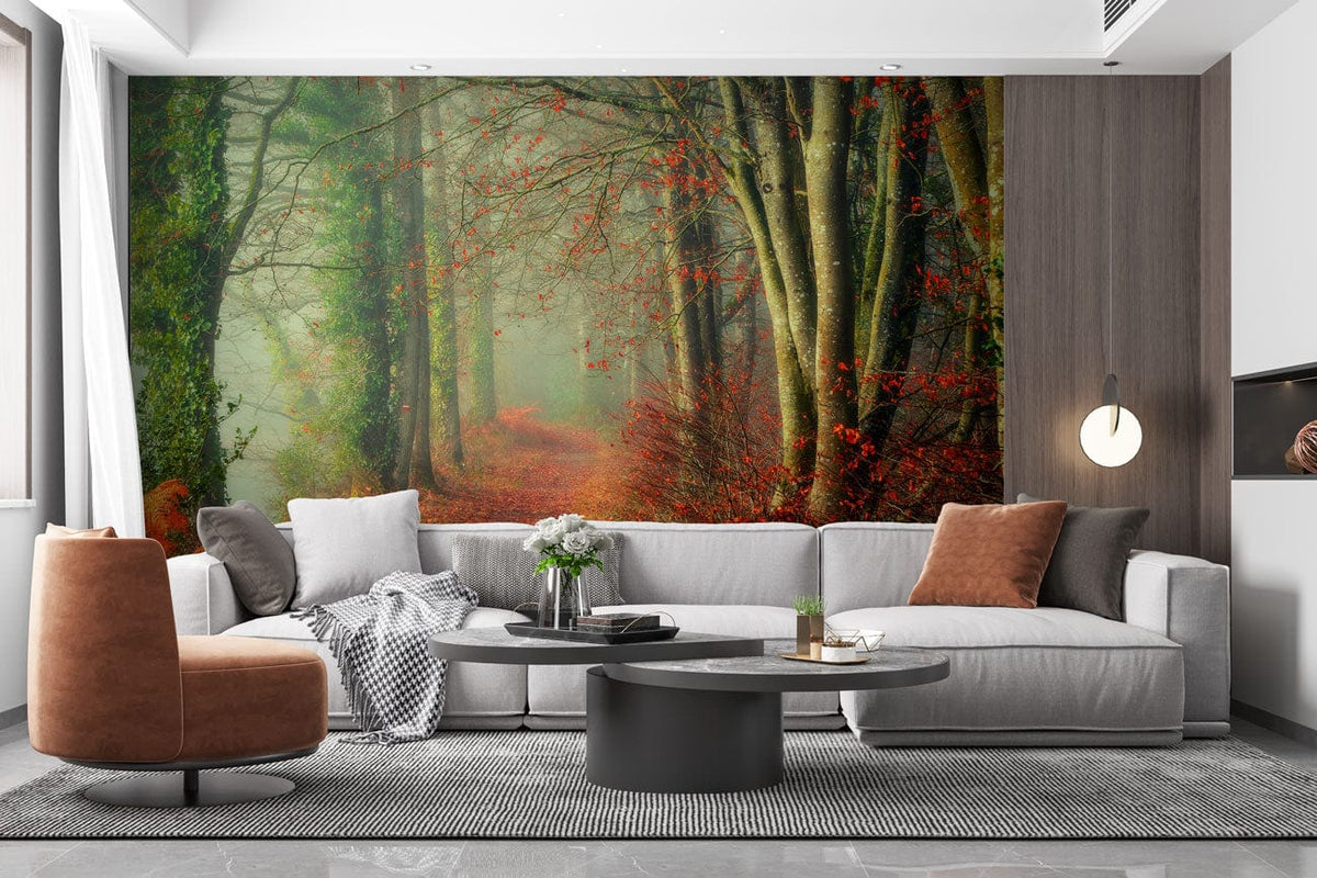 Enchanting autumn woodland mural with grey sofa, brown chair, modern coffee table in stylish living room.