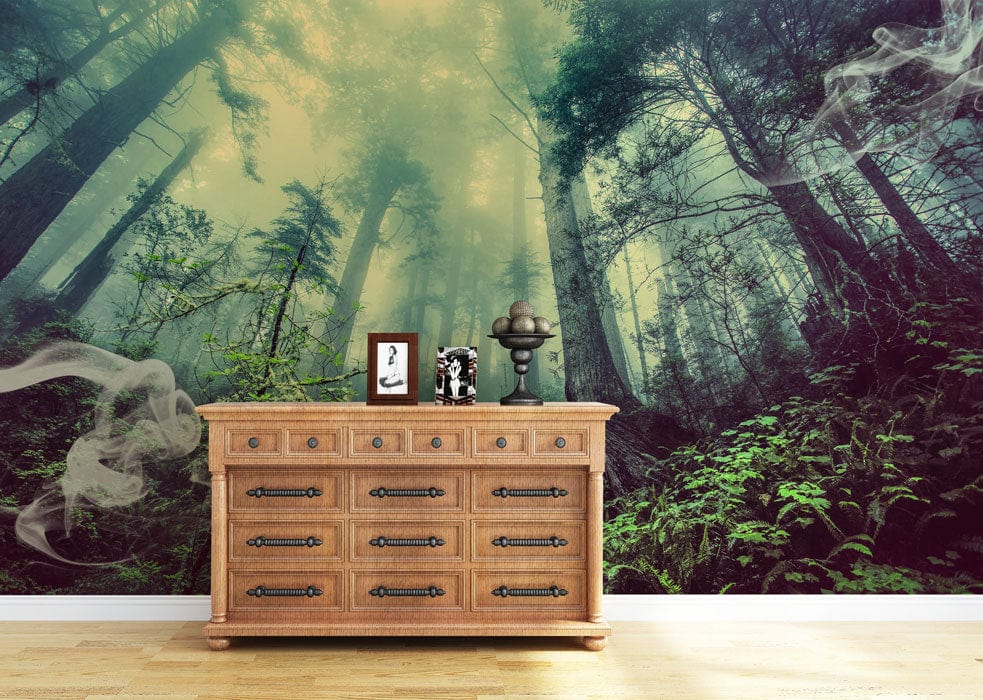 Enchanted Forest green woodland mural, wooden dresser, light wood flooring contrast, misty atmosphere.