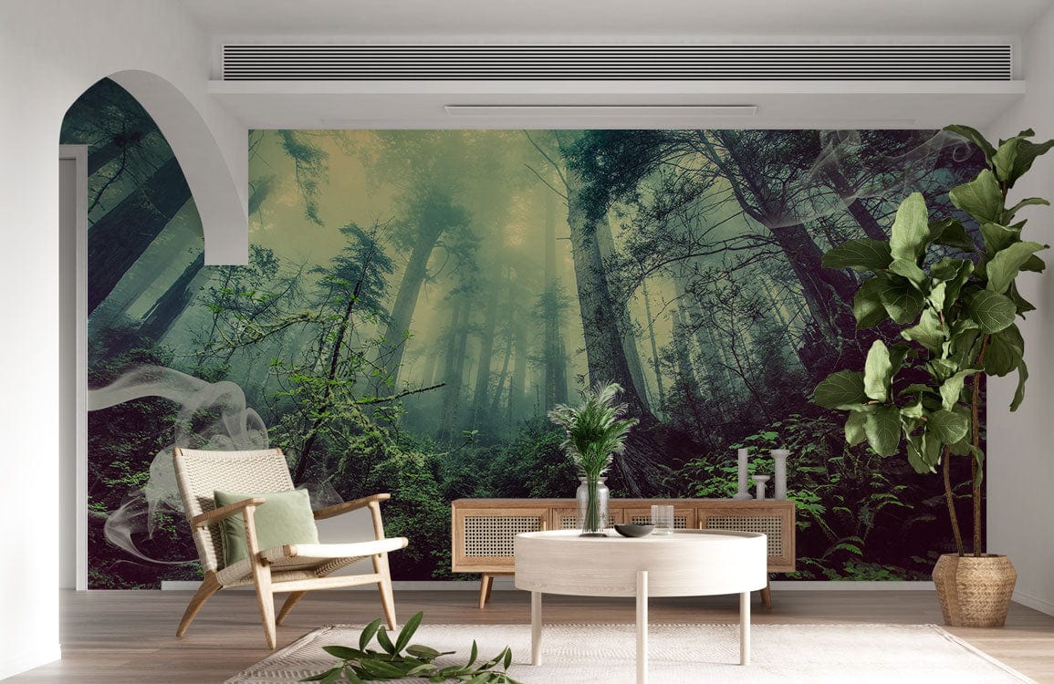 Enchanted Forest Mural Wallpaper in natural room, wooden furniture, light flooring, lush forest scene.