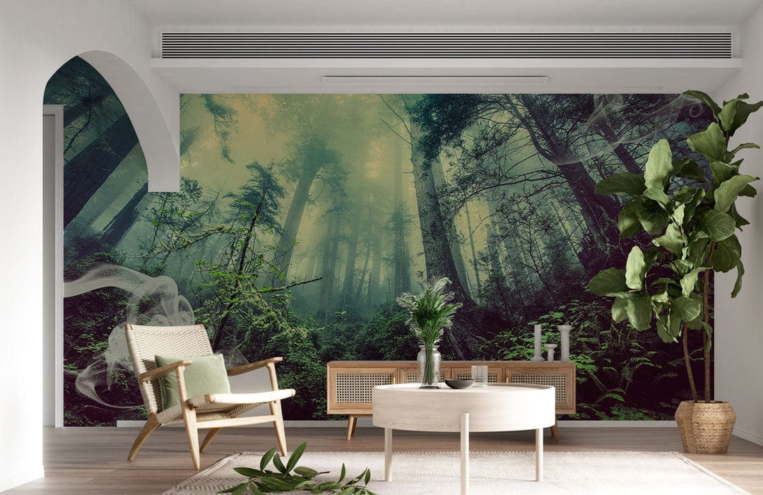 Enchanted Forest Mural Wallpaper in natural room, wooden furniture, light flooring, lush forest scene.