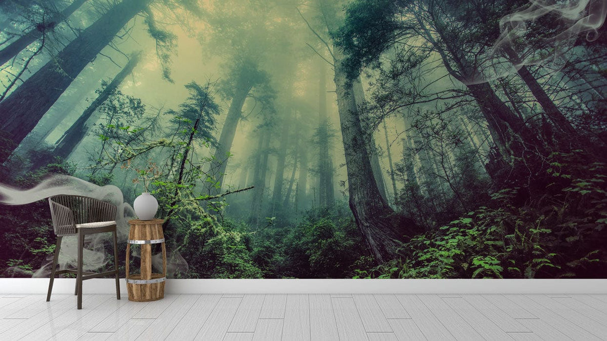 Enchanted Forest Mural: Lush Green Woodland Scene, wooden chair, white tile flooring, misty forest ambience.