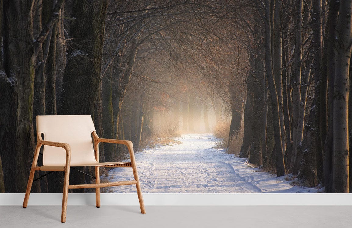 Enchanted Winter Woodland Path Mural Wallpaper, serene tones, wooden chair, grey carpeted floor.