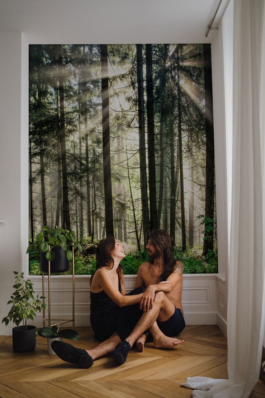 Sunlit Serenity Forest Mural Wallpaper in modern room, featuring oak wood flooring, and white walls.