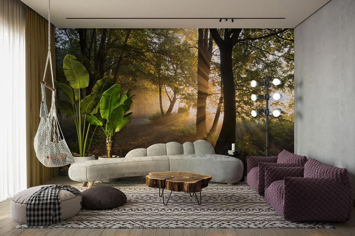 Tranquil nature mural in modern living room with grey sofa, wooden coffee table, and purple armchairs.