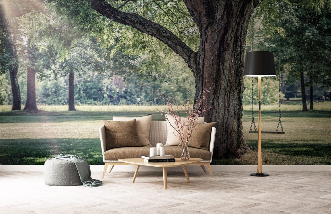 Serene Summer Parkland Mural Wallpaper with swing; modern sitting room, beige sofa, parquet flooring.