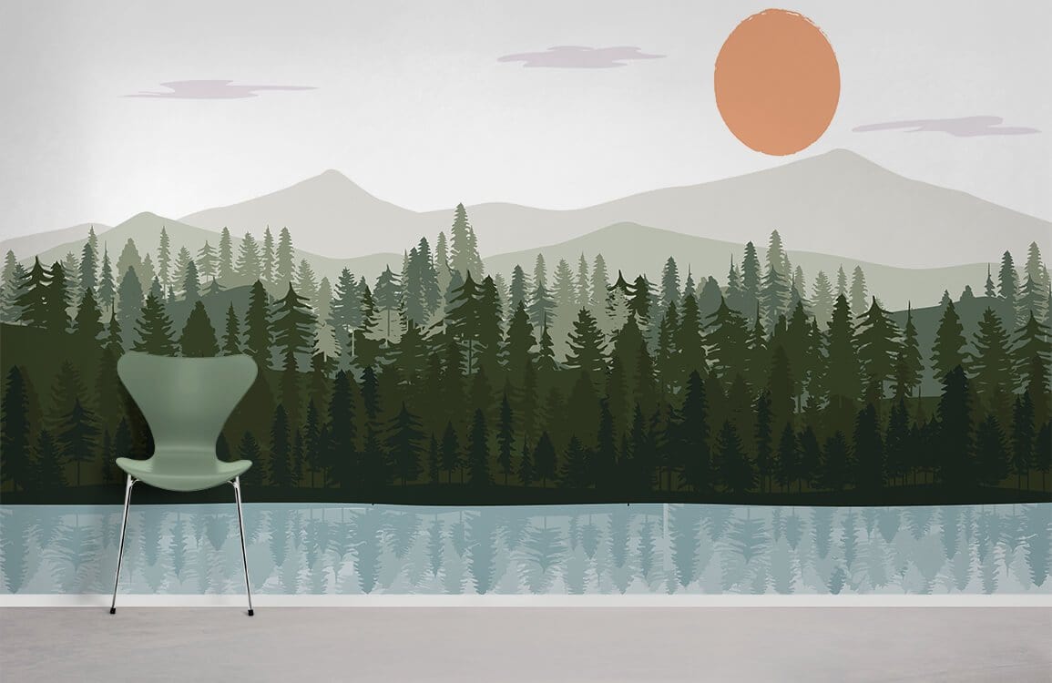 Scenic forest mural wallpaper with sun, mountains, modern chair, grey floor, serene room decor motif.