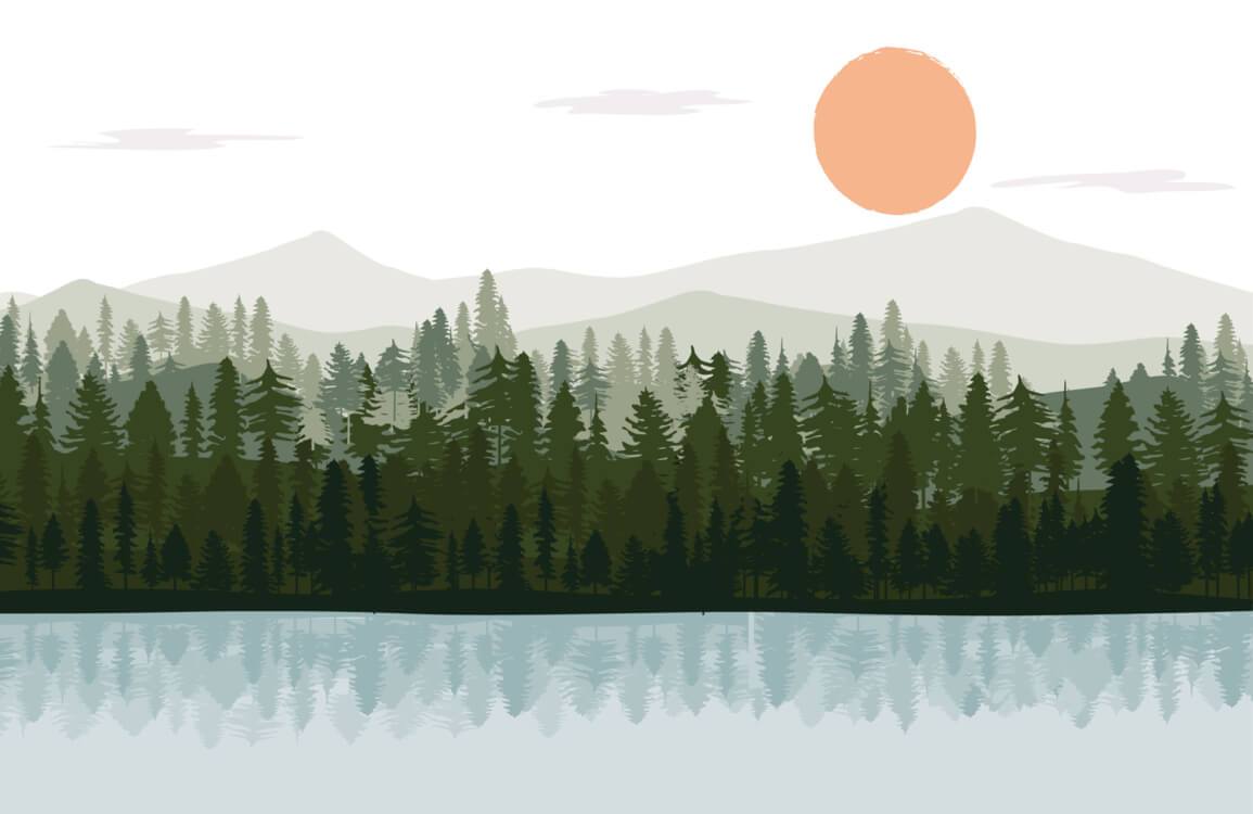 Scenic Forest Landscape Mural Wallpaper with Sun and Mountain Reflection