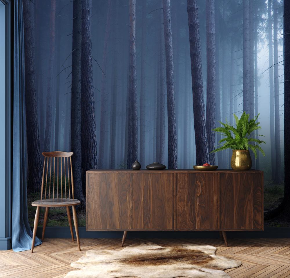 Mystical Misty Forest Mural: Blue-grey wallpaper, wooden sideboard, chair, hardwood flooring, cosy lounge.