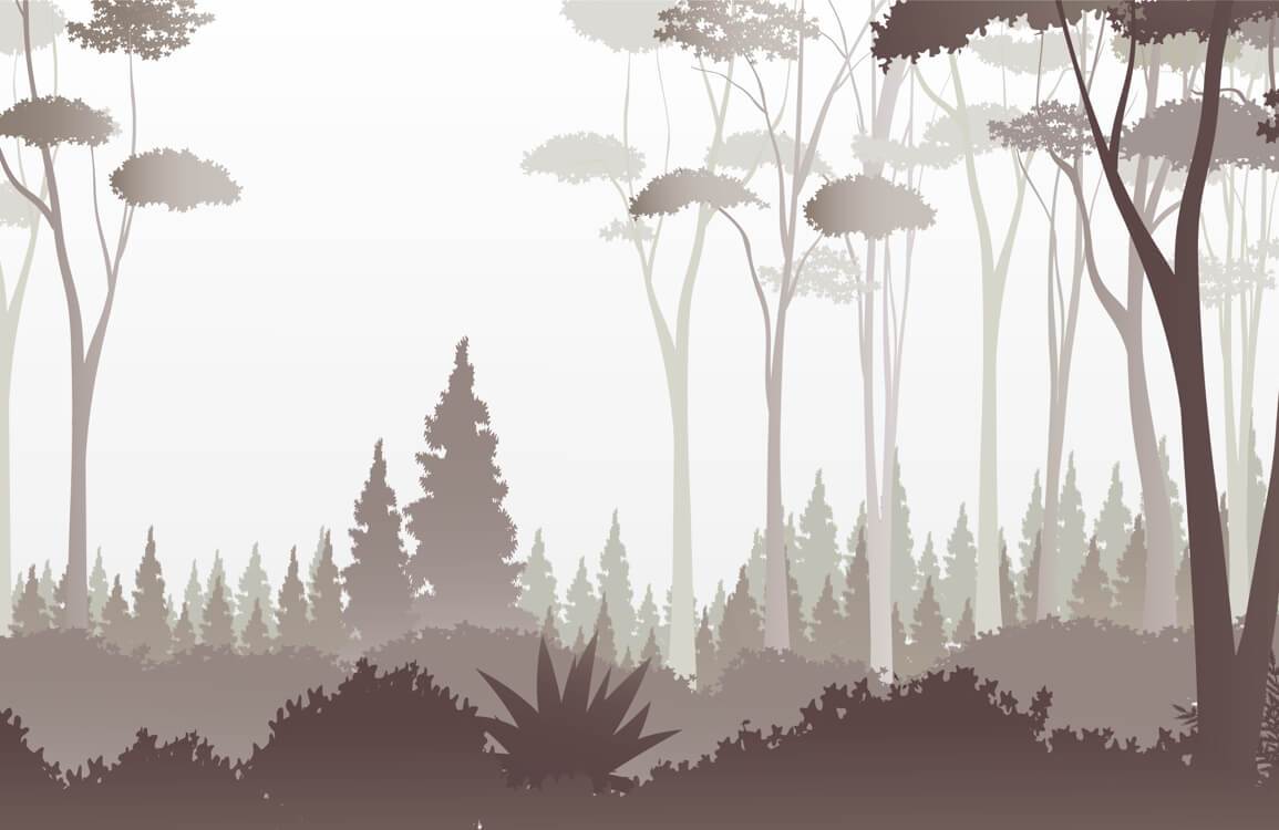 Serene Woodland Mist Mural Wallpaper in Subdued Earthy Tones for Tranquil Spaces