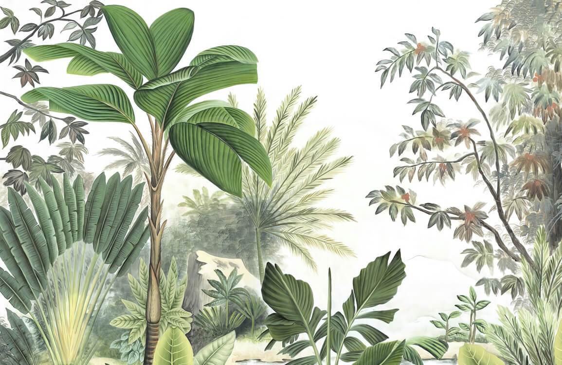 Exotic Green Jungle Botanical Mural Wallpaper - Tropical Leafy Nature Décor