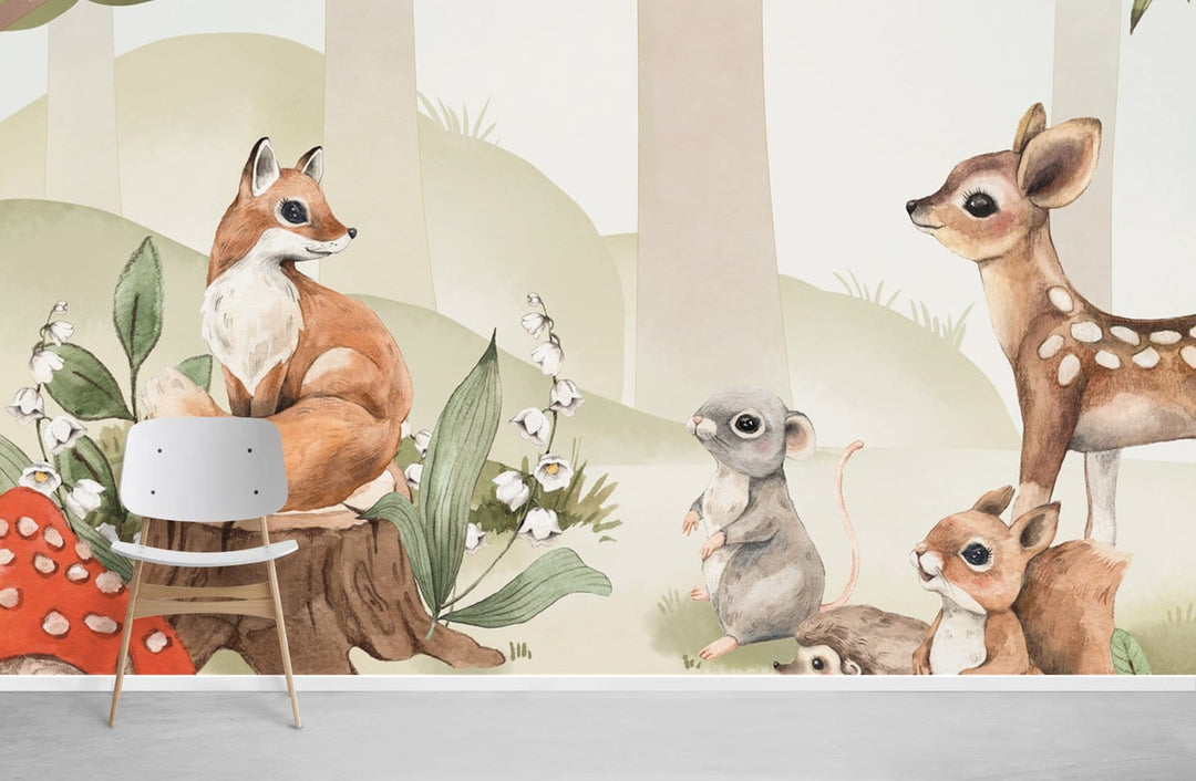 Enchanting Woodland Creatures Wall Mural with fox, deer, mushrooms; grey chair; white and grey decor.