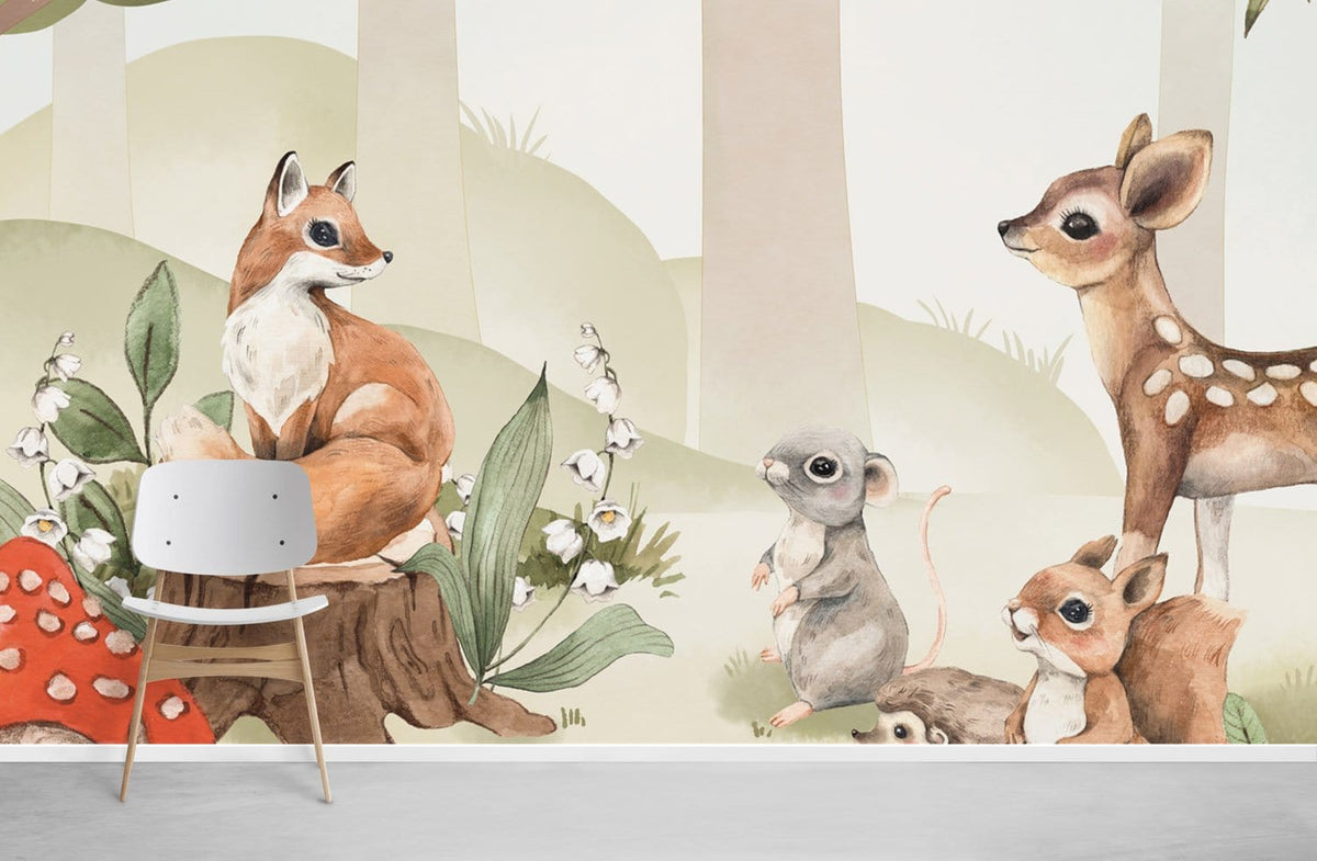 Enchanting Woodland Creatures Wall Mural with fox, deer, mushrooms; grey chair; white and grey decor.