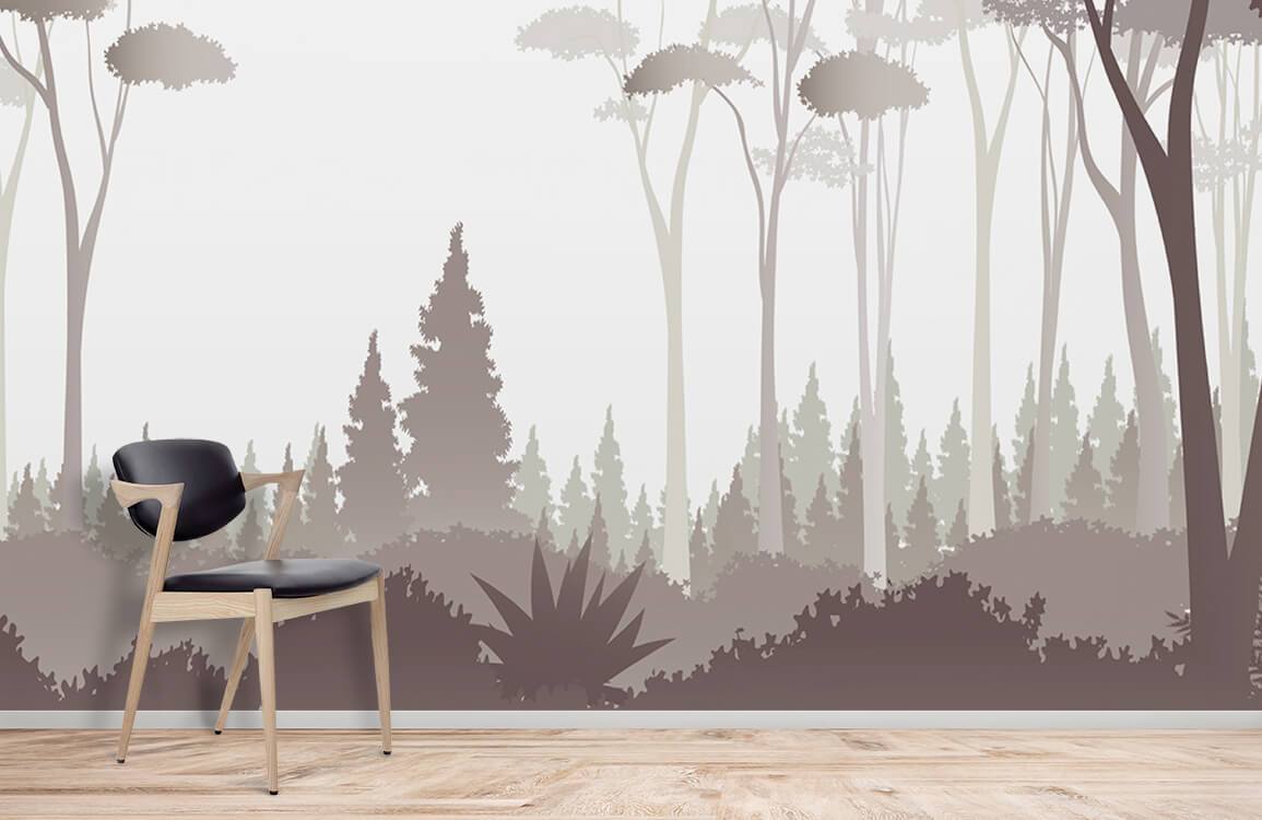 Serene Woodland Mist Mural Wallpaper, earthy tones, wooden chair, wood flooring, stylish tranquil room.