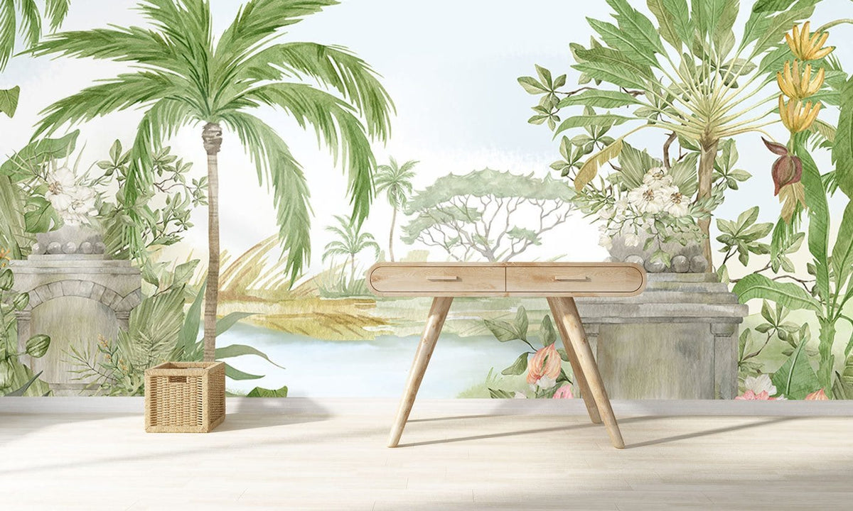 Tropical mural wallpaper with green palms, floral accents; wooden desk, light flooring in bright room.